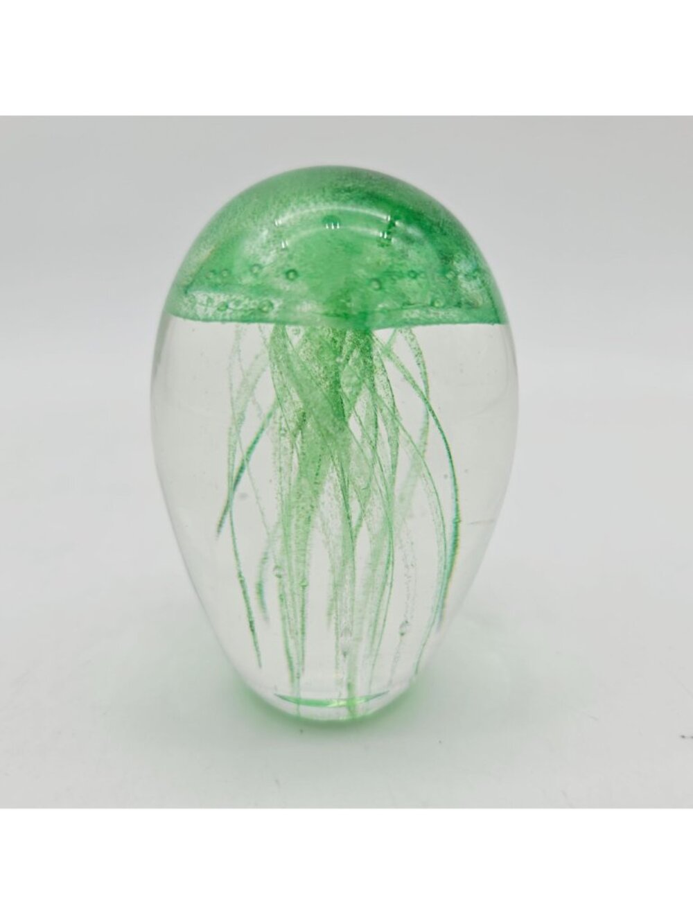 Hand-Blown Glass Jellyfish Paperweight Figurine UV Reactive Green Oval Design - Picture 6 of 9